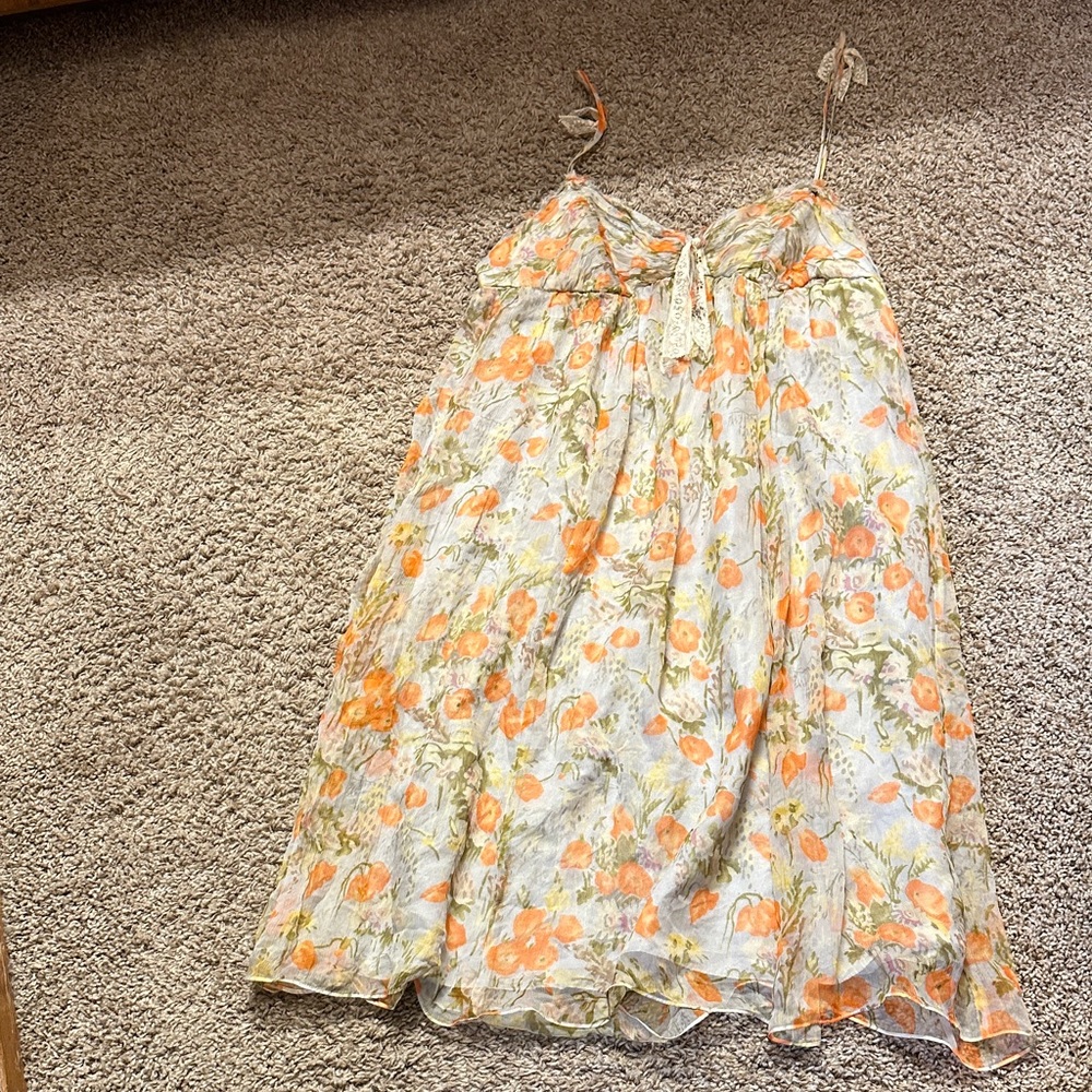 Silk Sundress Spaghetti Strap Feminine Orange poppies Green Floral Fairy Cottage